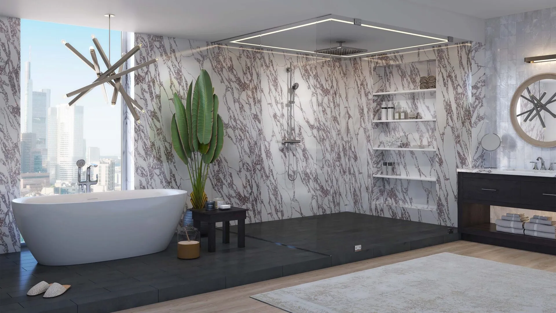 Image of installed PentalQuartz Marmo Viola White Quartz countertops