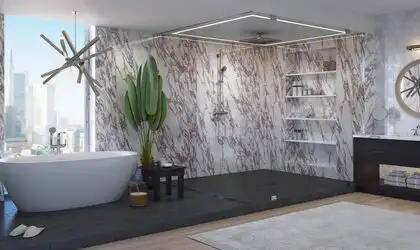 Image of installed PentalQuartz Marmo Viola White Quartz countertops