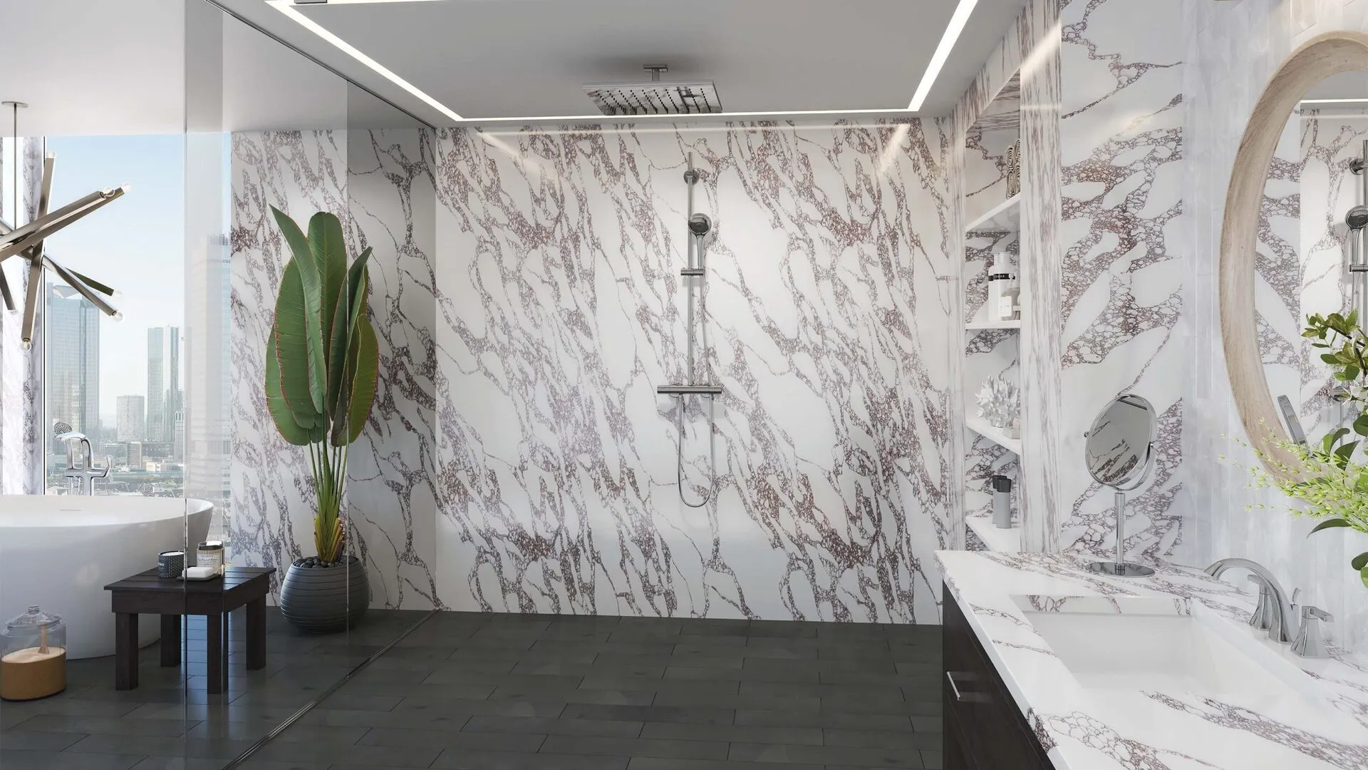 Image of installed PentalQuartz Marmo Viola White Quartz countertops