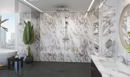 Image of installed PentalQuartz Marmo Viola White Quartz countertops
