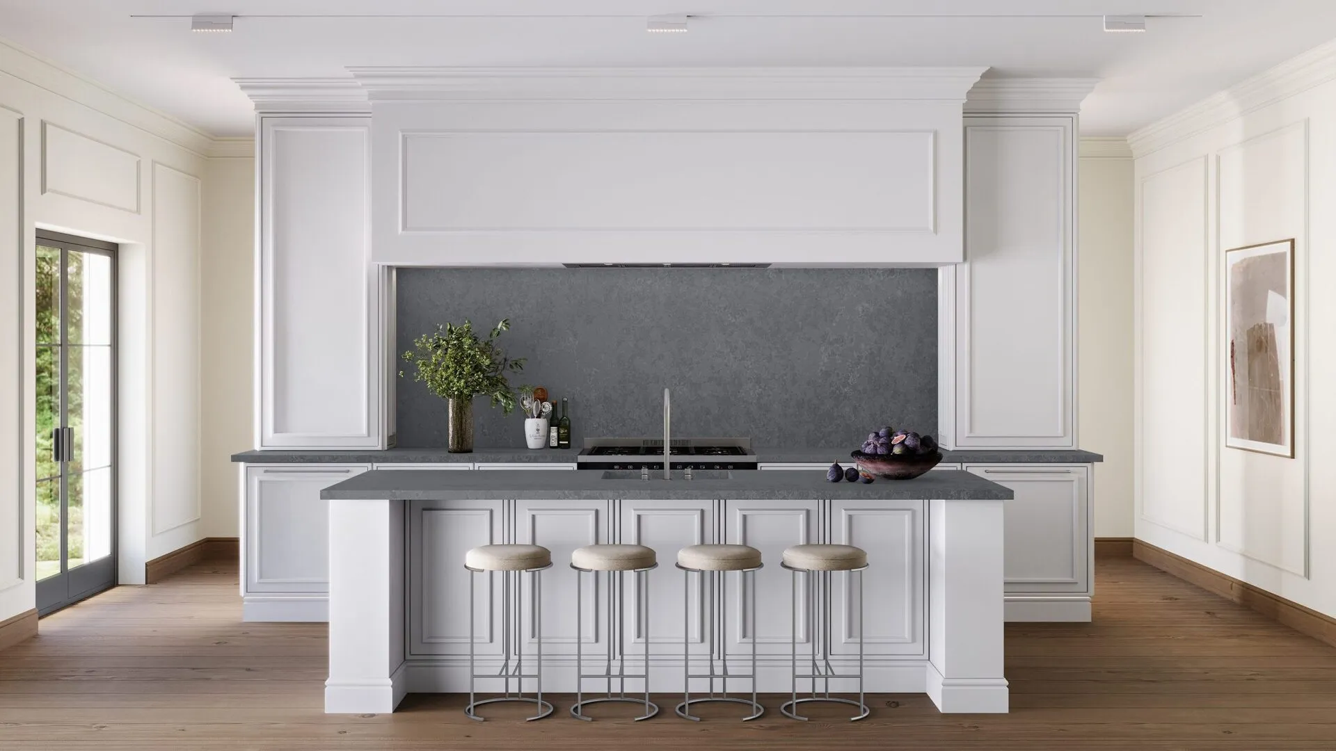 Image of installed PentalQuartz Midnight Mist Grey Quartz countertops