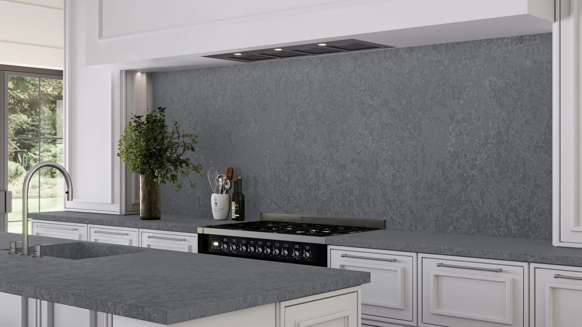Image of installed PentalQuartz Midnight Mist Grey Quartz countertops