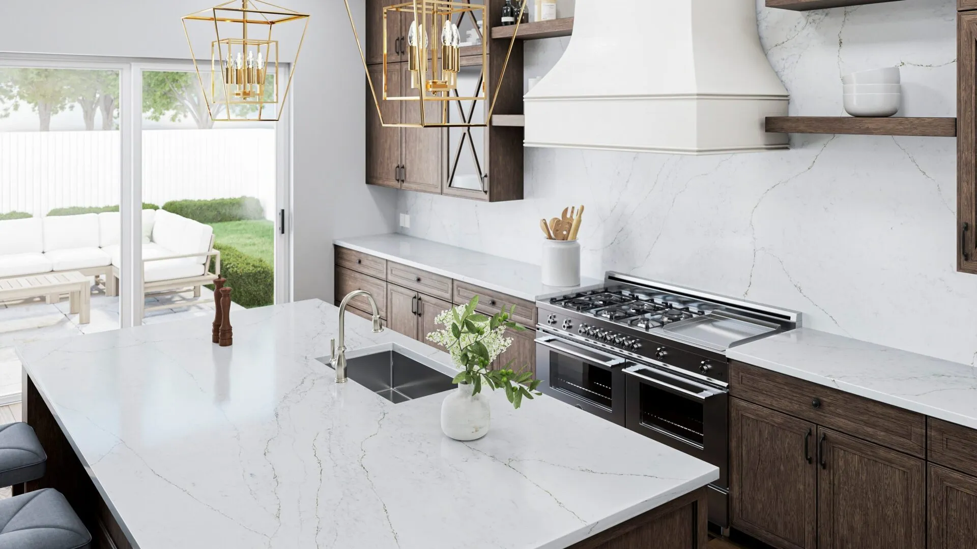 Image of installed PentalQuartz Moritz White Quartz countertops