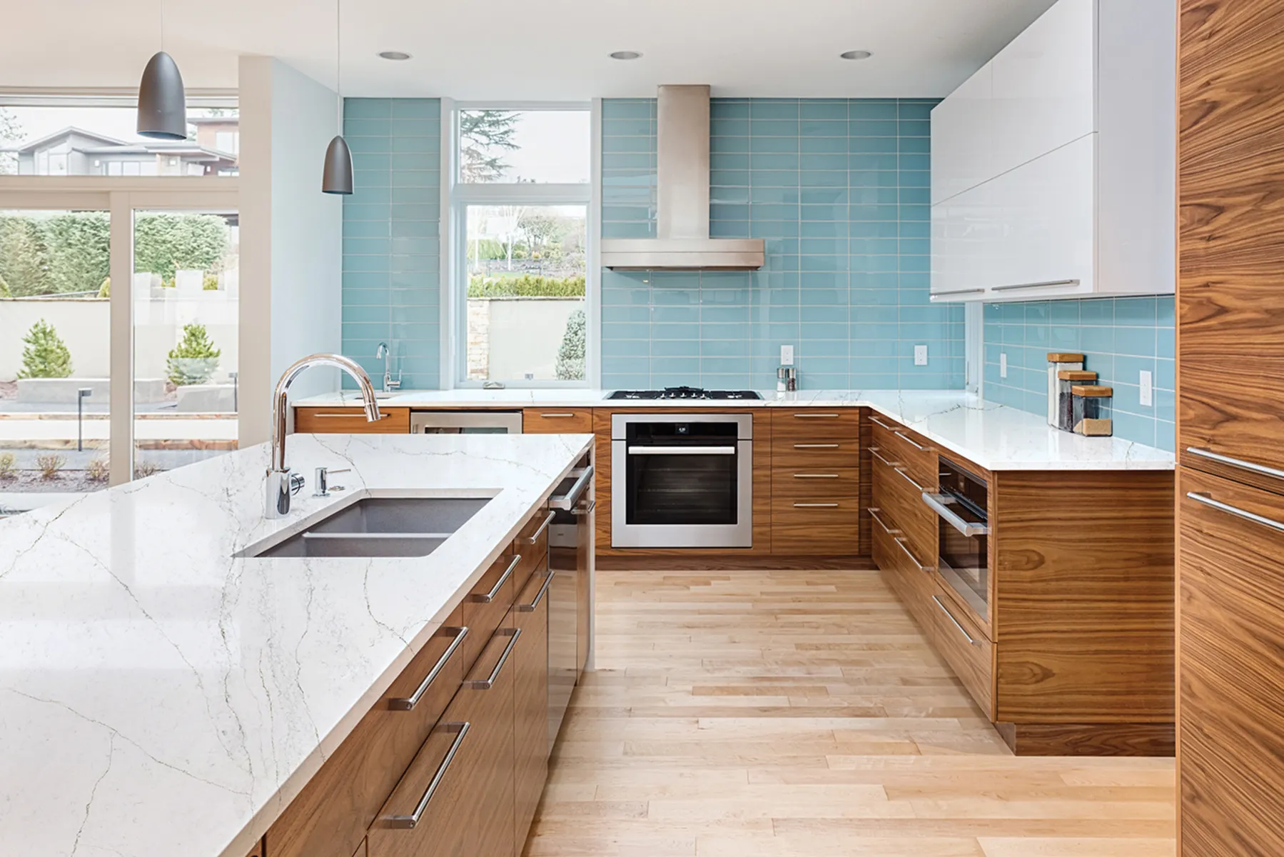 Image of installed PentalQuartz Moritz White Quartz countertops