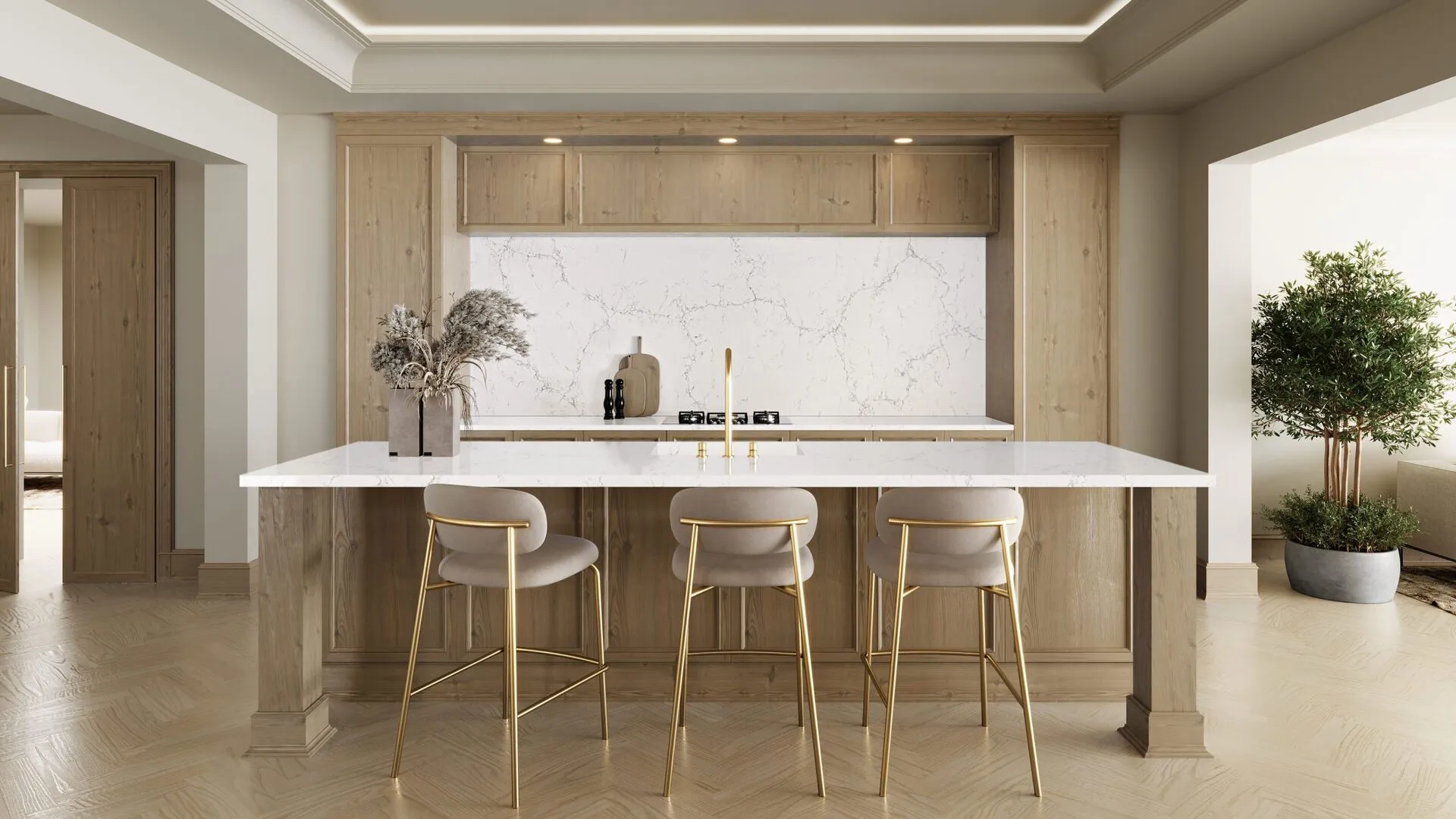 Image of installed PentalQuartz Mystere White Quartz countertops