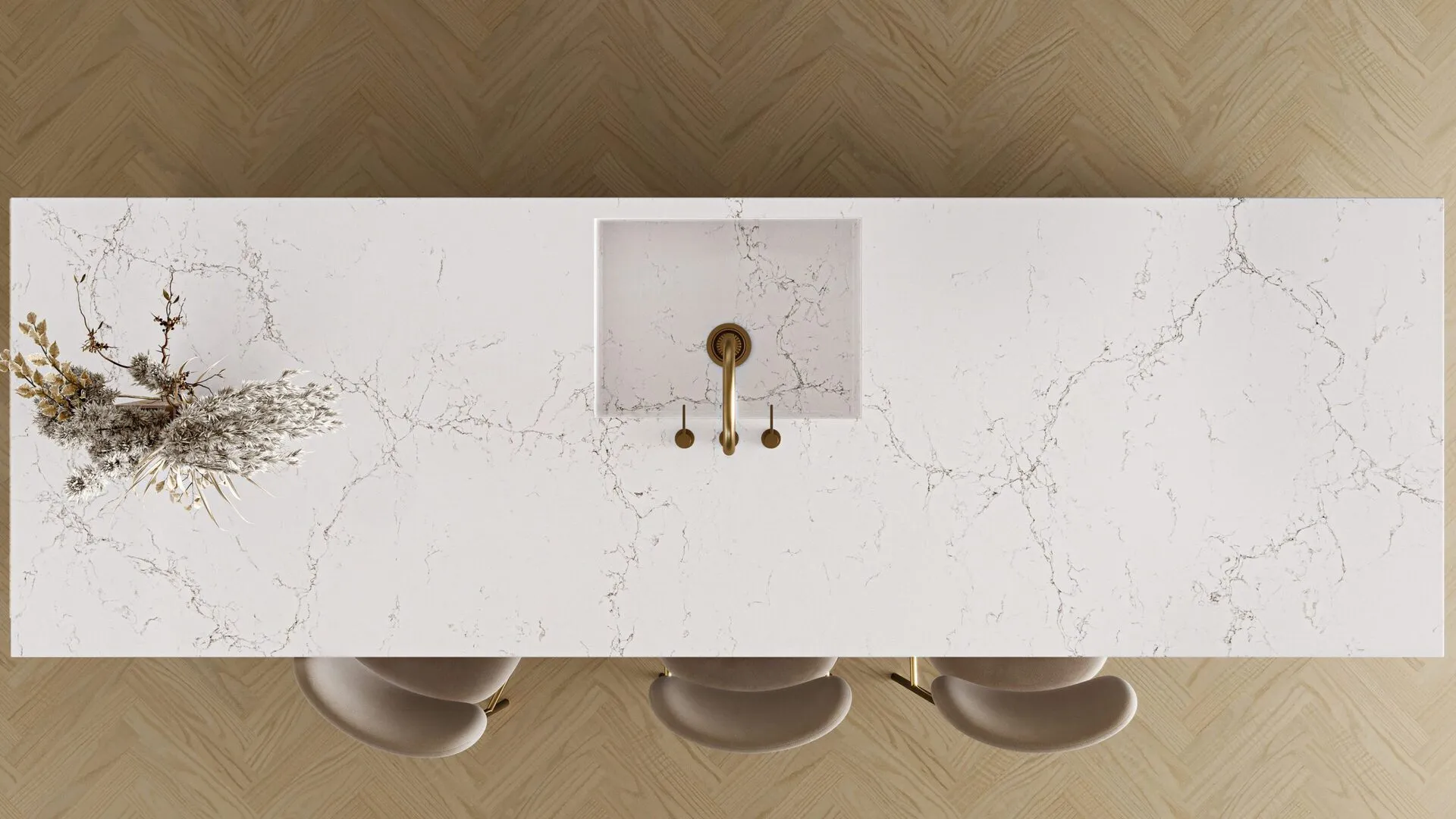 Image of installed PentalQuartz Mystere White Quartz countertops