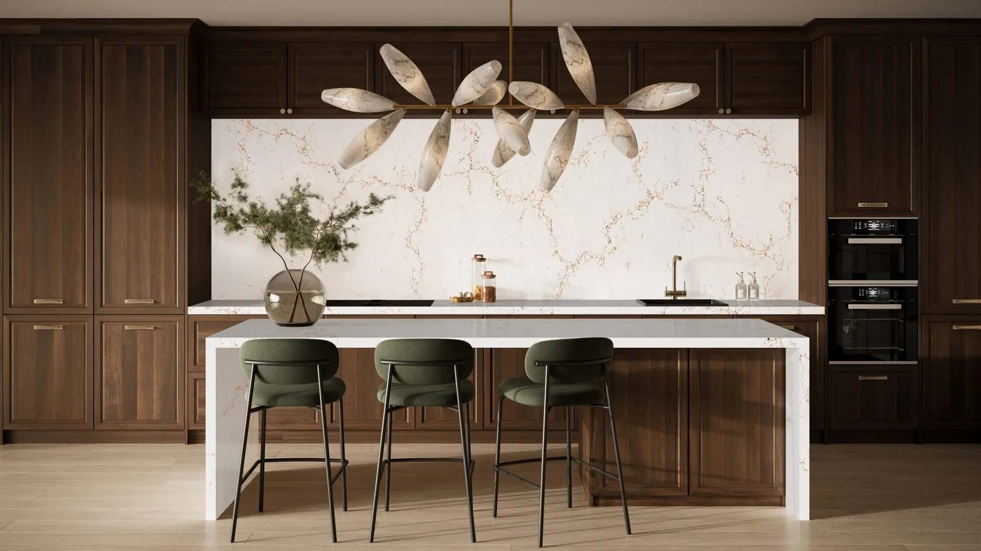 Image of installed PentalQuartz Mystere Gold White Quartz countertops
