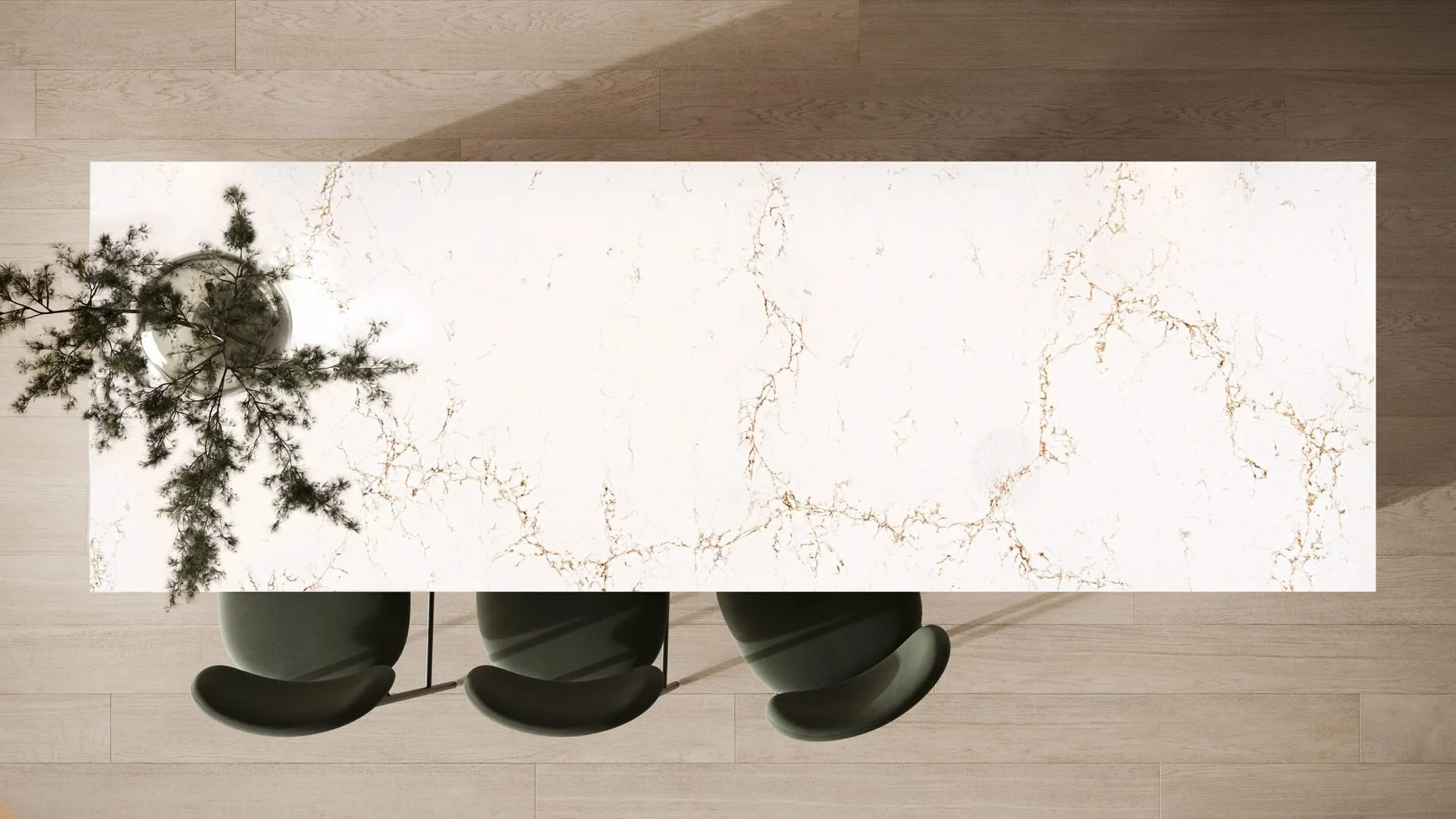 Image of installed PentalQuartz Mystere Gold White Quartz countertops