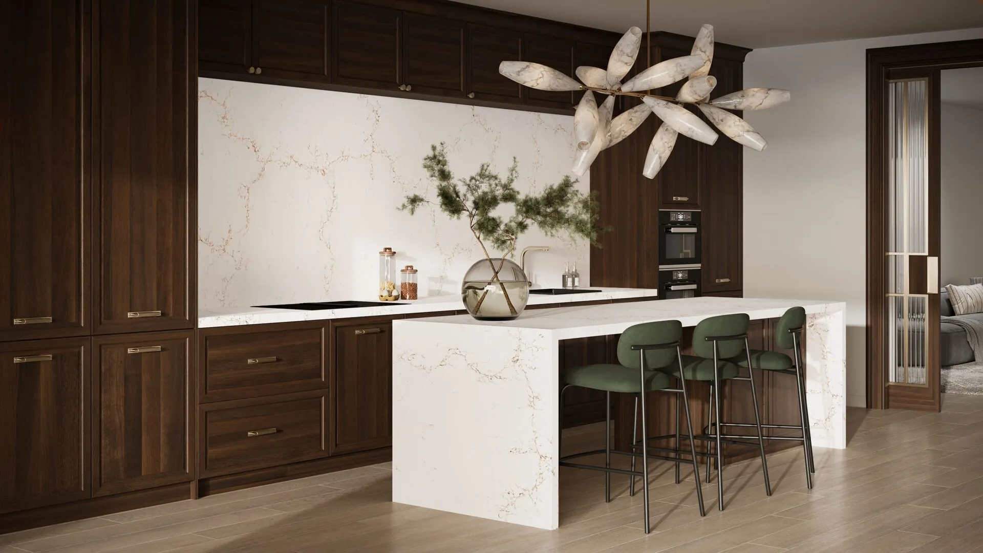 Image of installed PentalQuartz Mystere Gold White Quartz countertops