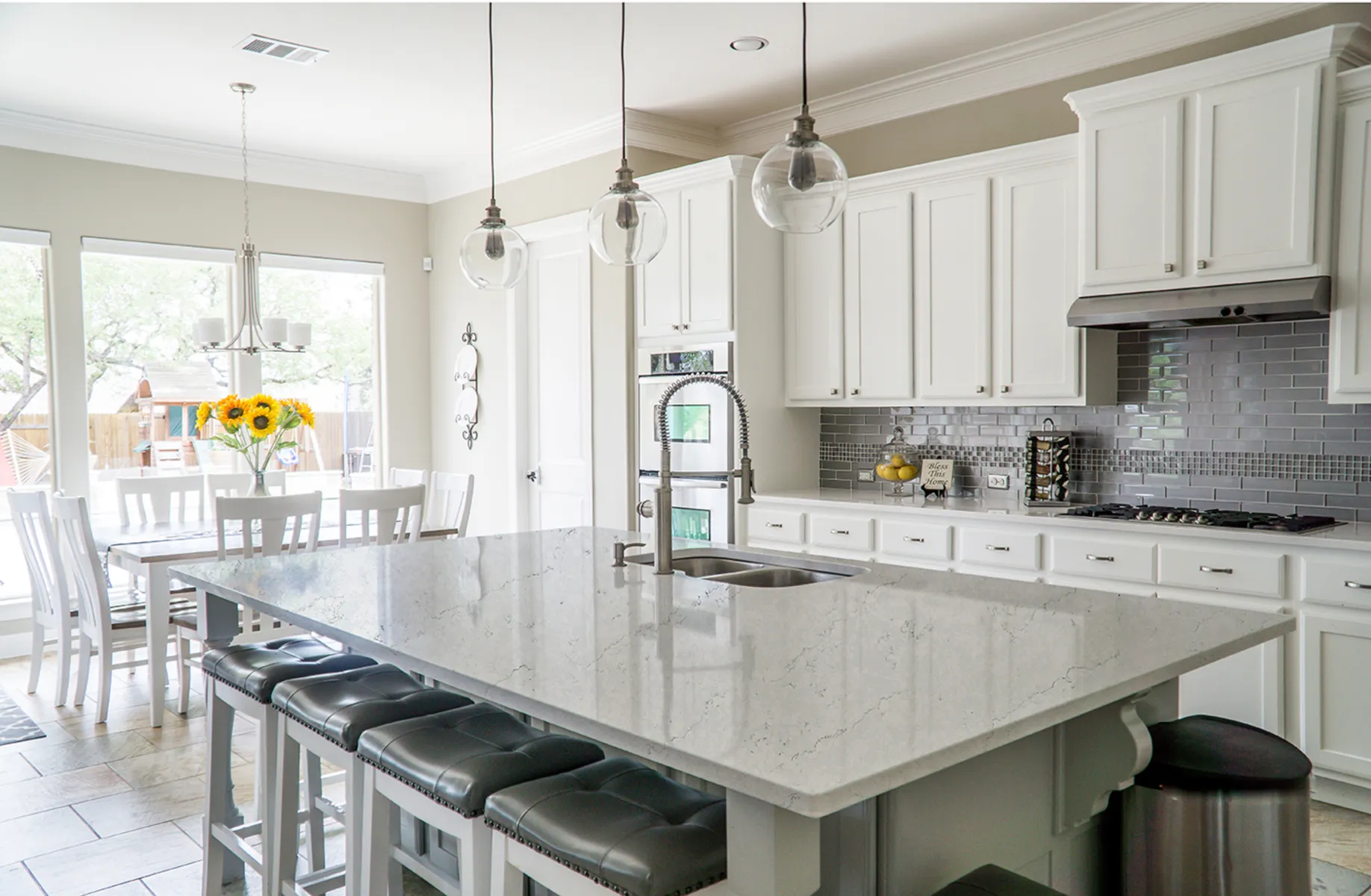 Image of installed PentalQuartz Mystique White Quartz countertops