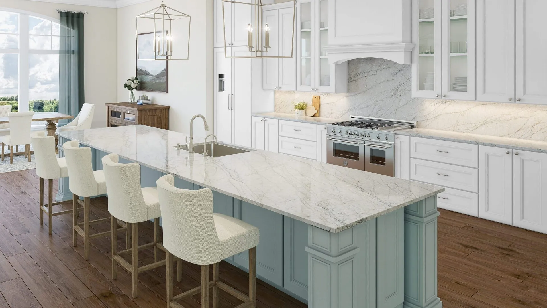 Image of installed PentalQuartz Oceanus Grey Quartz countertops