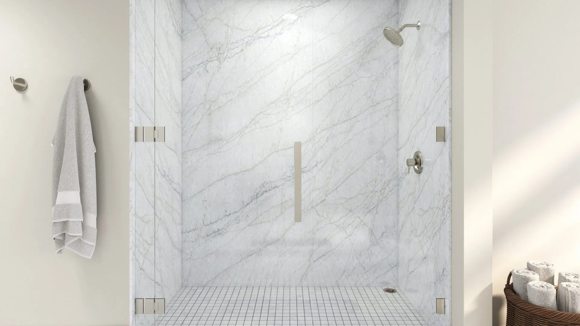 Image of installed PentalQuartz Oceanus Grey Quartz countertops