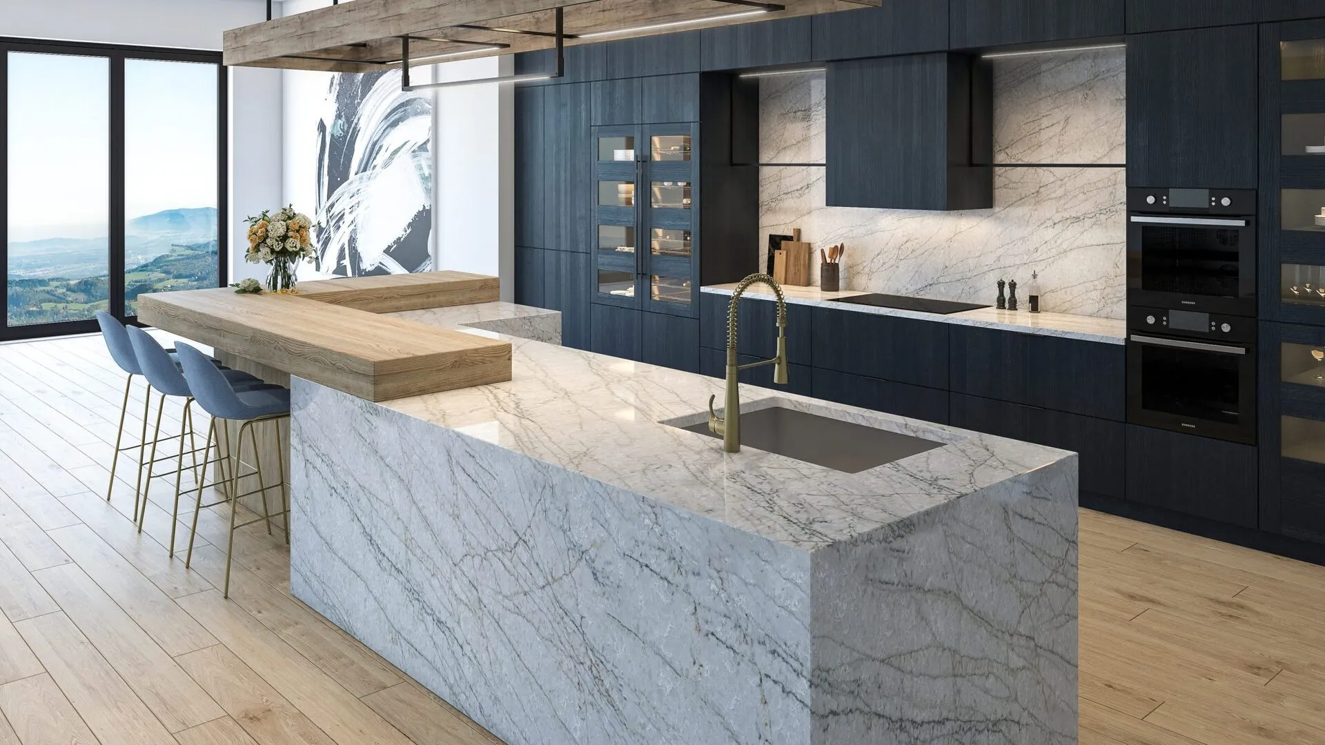 Image of installed PentalQuartz Oceanus Grey Quartz countertops