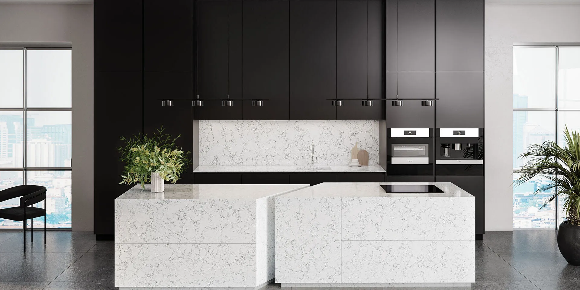 Image of installed PentalQuartz Olympus White Quartz countertops