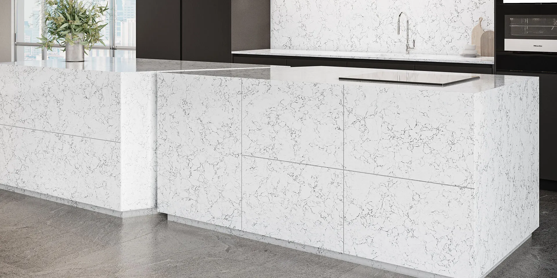Image of installed PentalQuartz Olympus White Quartz countertops