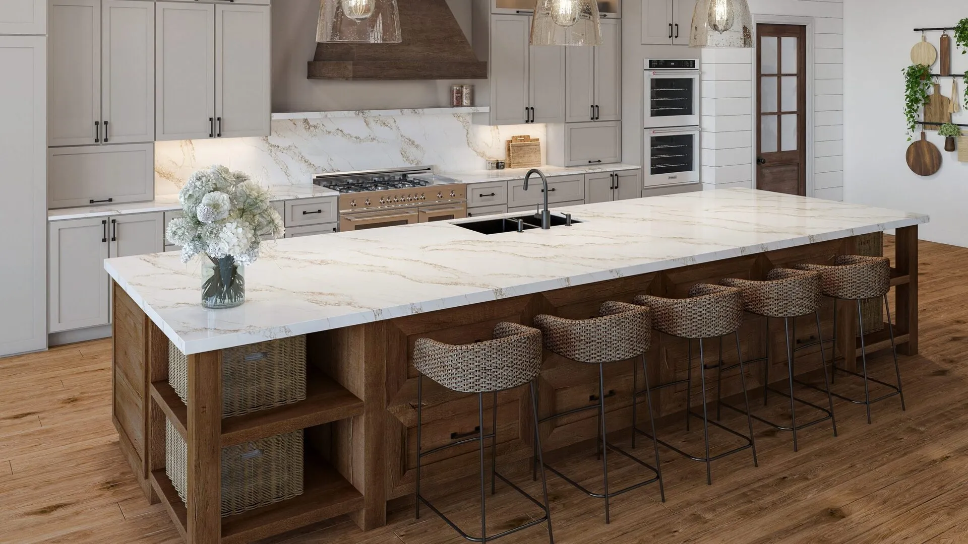 Image of installed PentalQuartz Sienna Gold White Quartz countertops