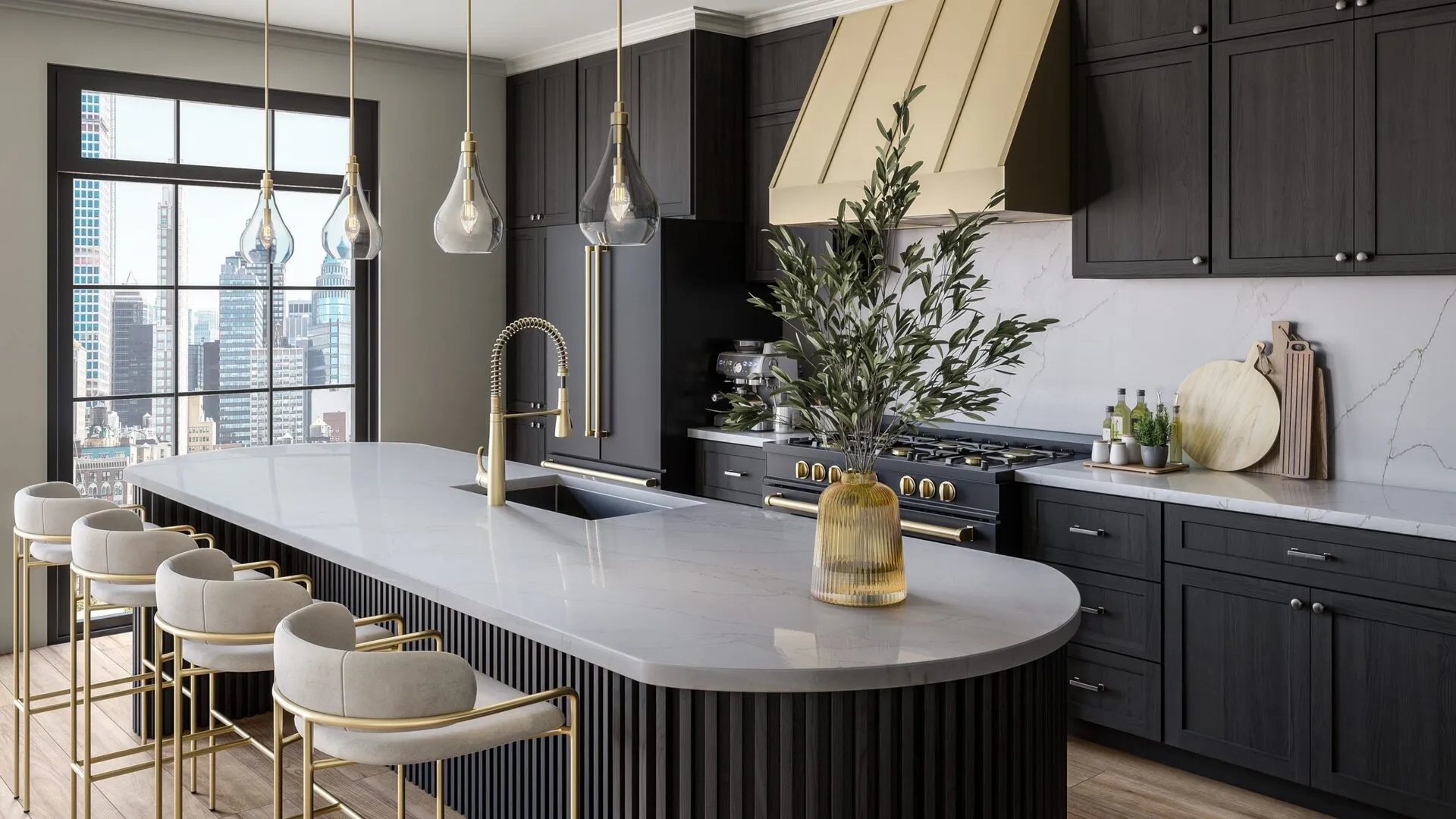 Image of installed PentalQuartz Sono Mira White Quartz countertops