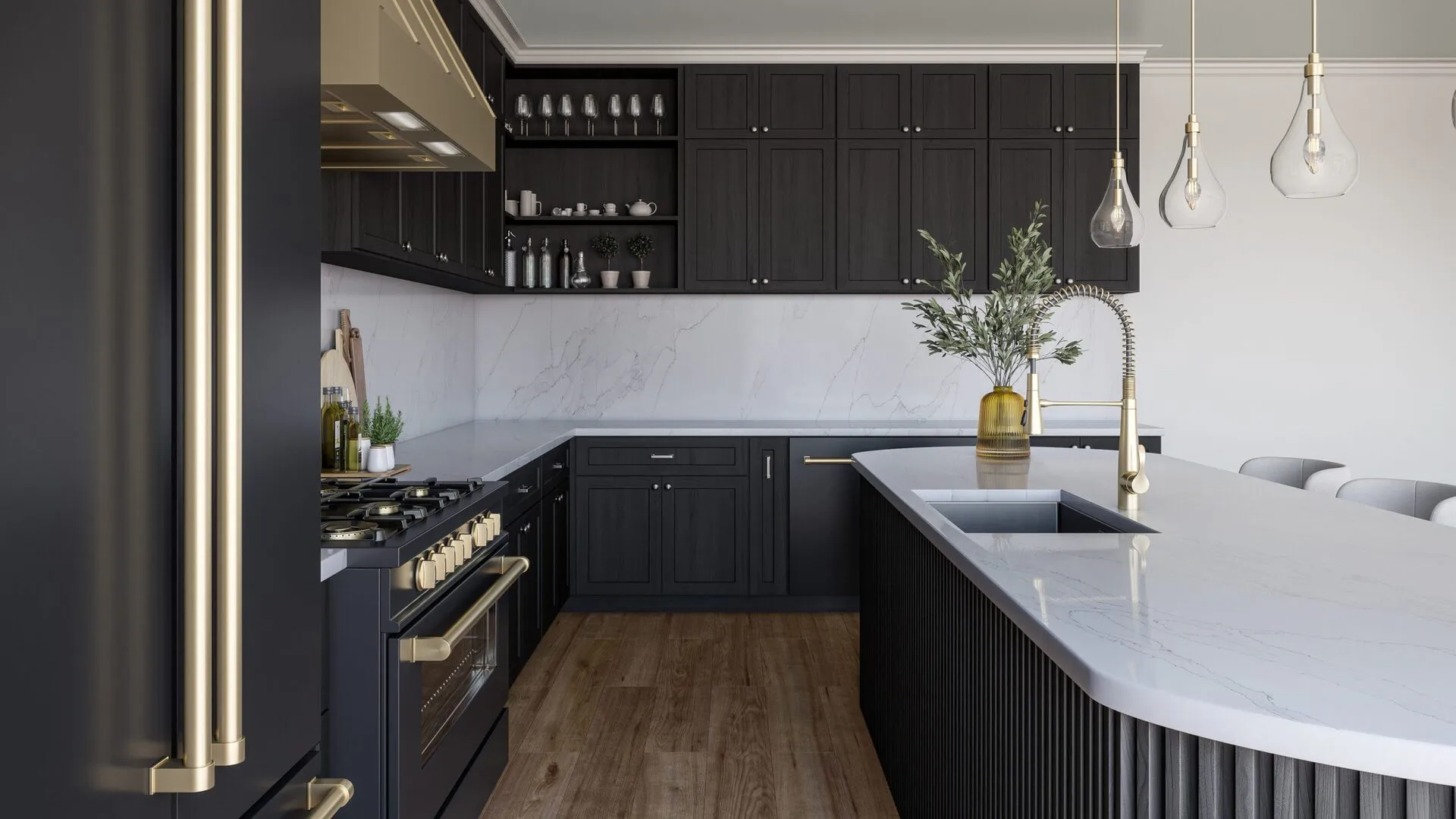 Image of installed PentalQuartz Sono Mira White Quartz countertops