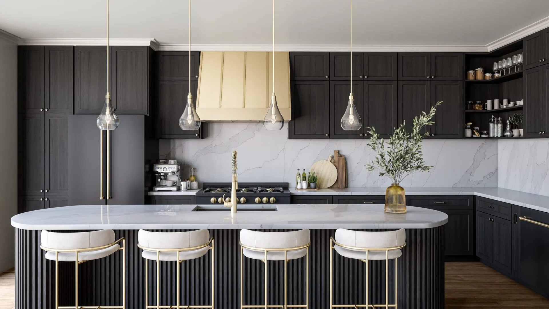 Image of installed PentalQuartz Sono Reale White Quartz countertops