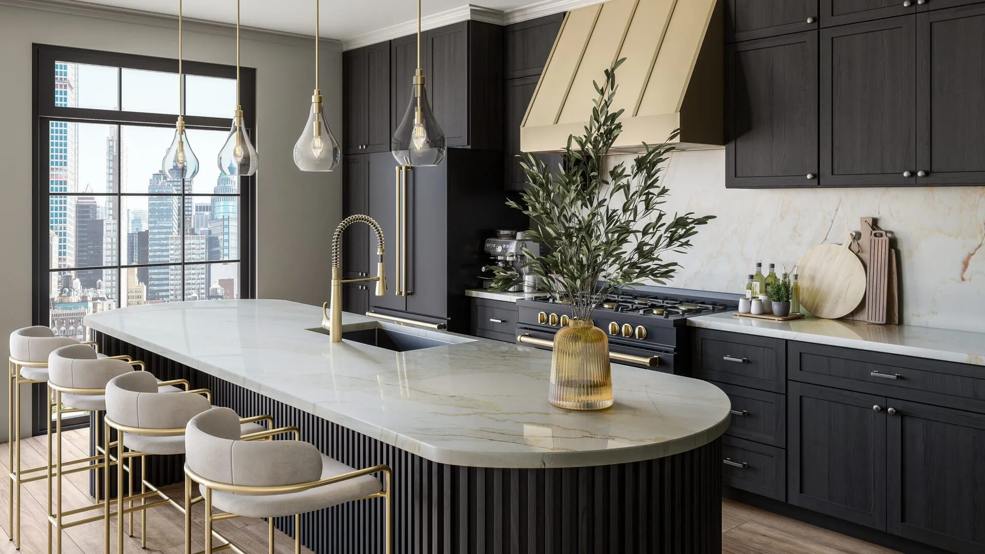 Image of installed PentalQuartz Sono Soleil White Quartz countertops