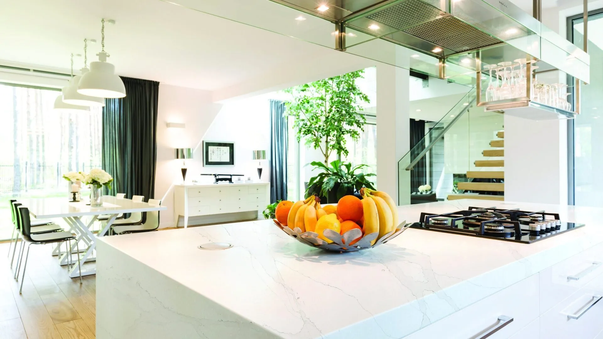 Image of installed PentalQuartz Stella White Quartz countertops