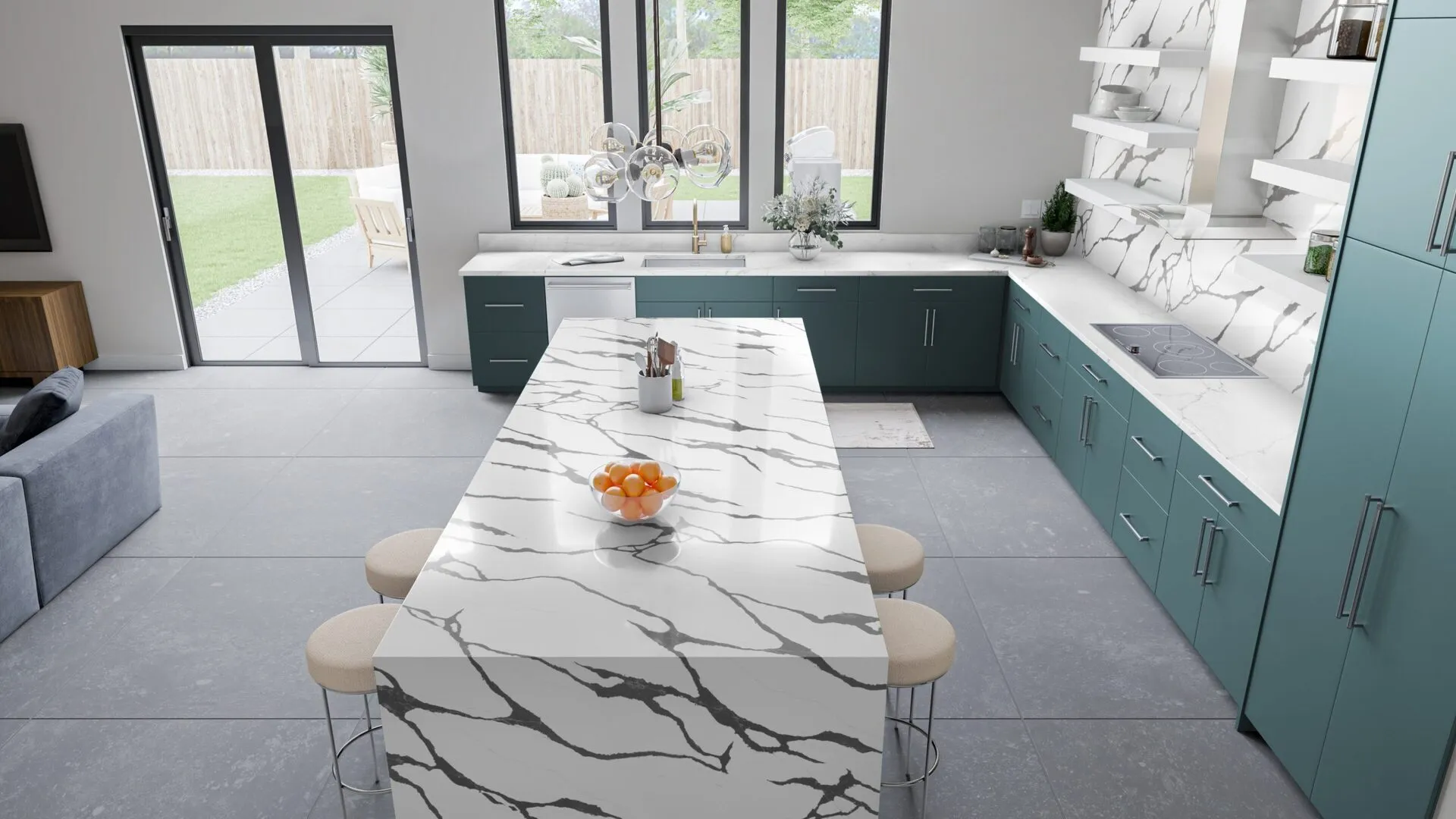 Image of installed PentalQuartz Stella Black White Quartz countertops