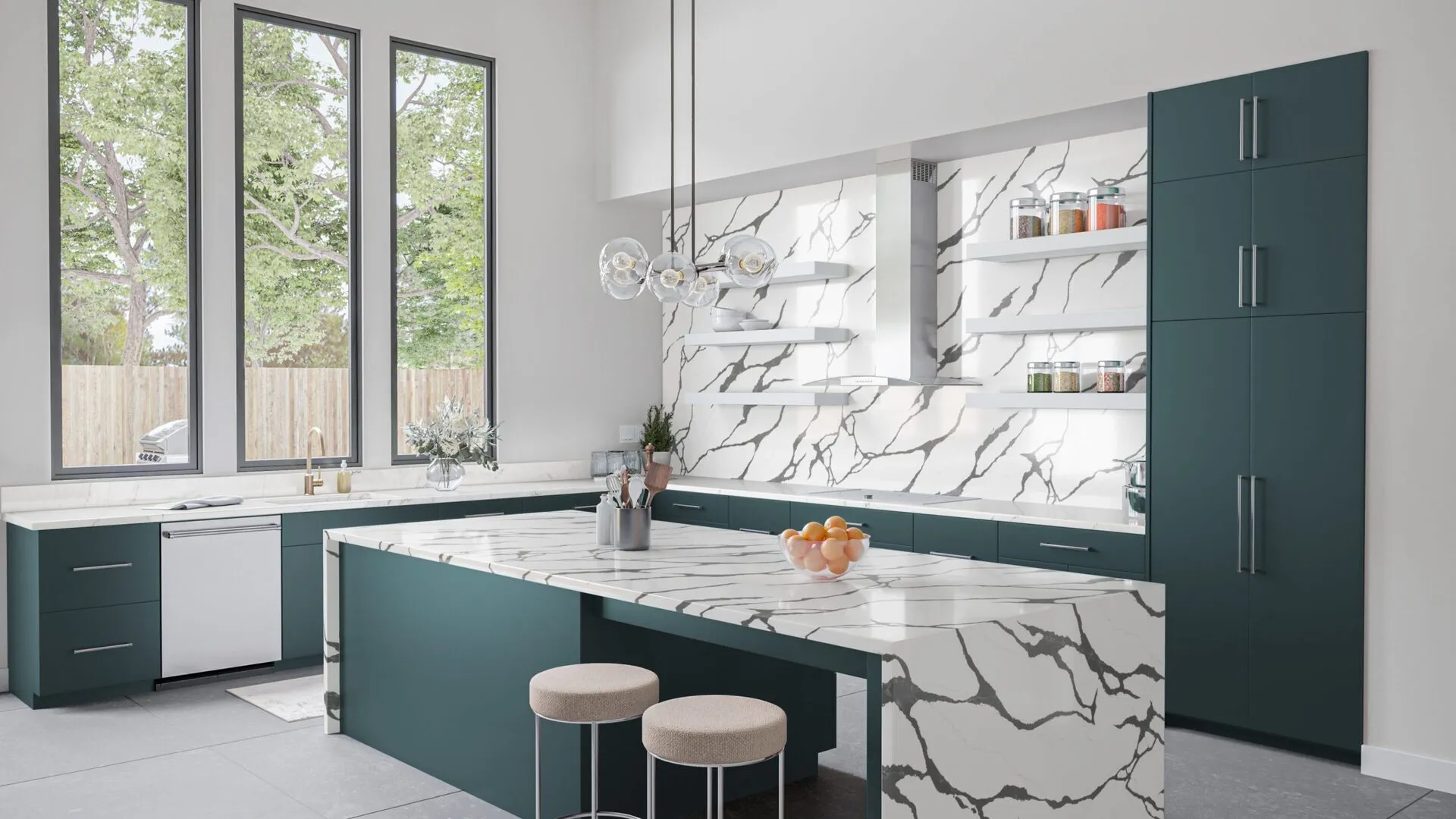 Image of installed PentalQuartz Stella Black White Quartz countertops