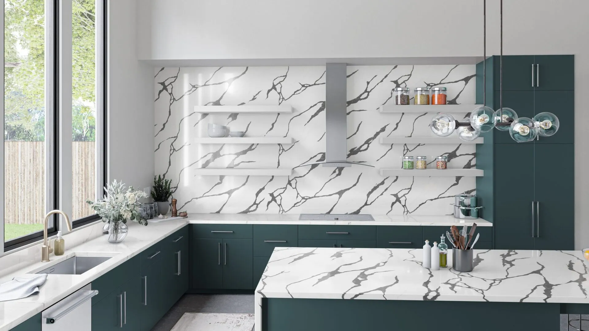 Image of installed PentalQuartz Stella Black White Quartz countertops