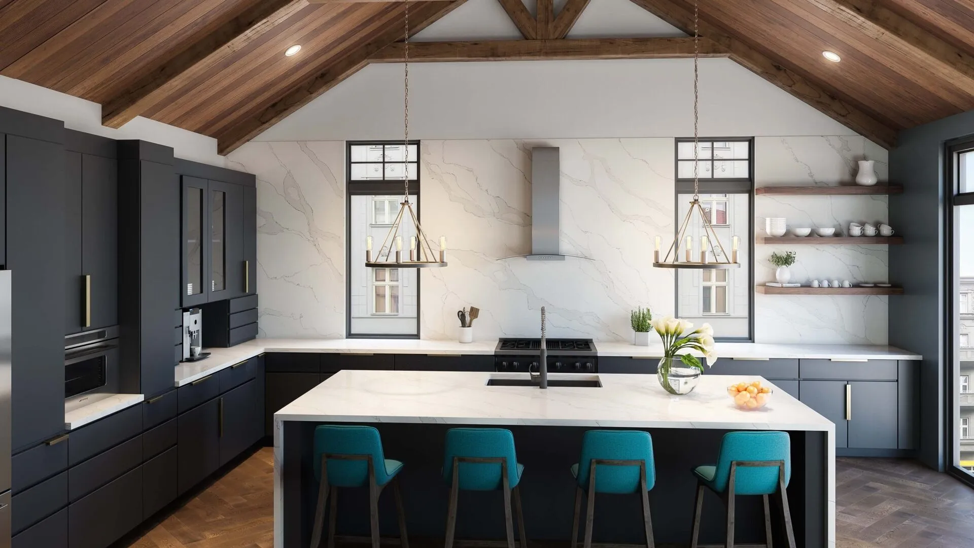 Image of installed PentalQuartz Stella Caldia White Quartz countertops