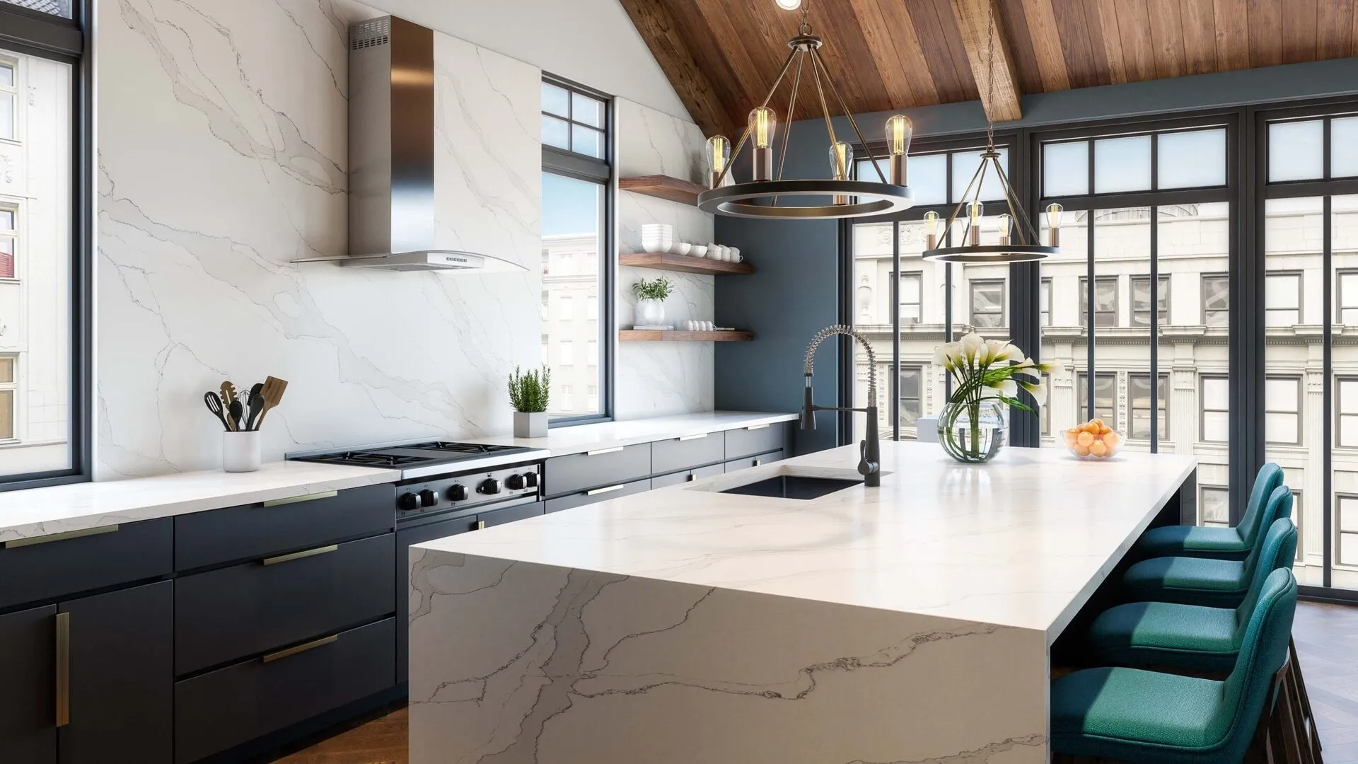 Image of installed PentalQuartz Stella Caldia White Quartz countertops