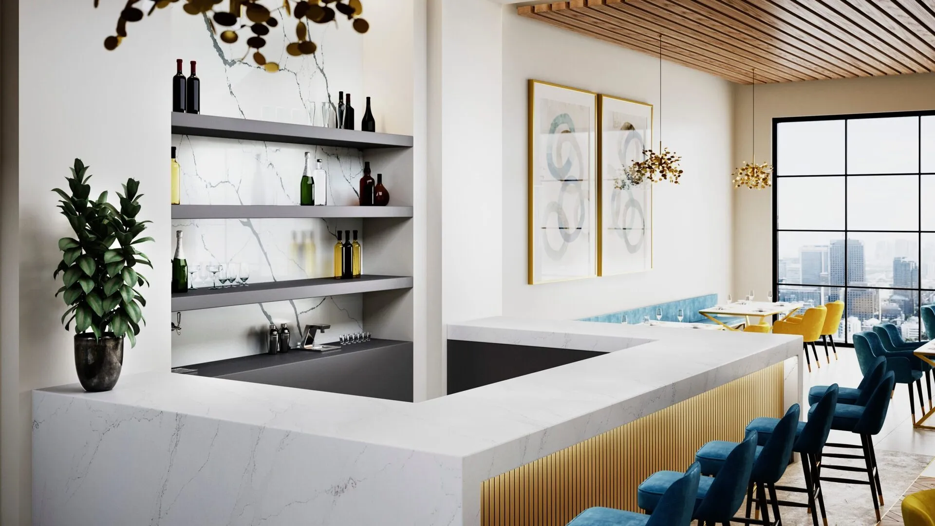 Image of installed PentalQuartz Stella Gold White Quartz countertops