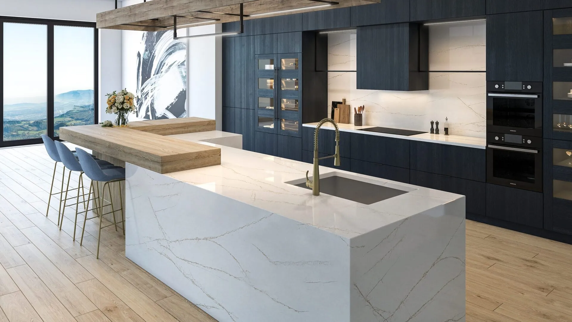 Image of installed PentalQuartz Tempo Valore Cream Quartz countertops