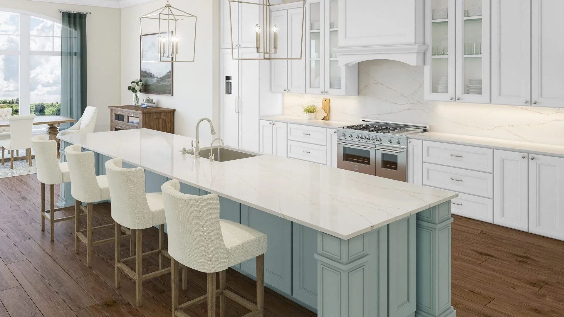 Image of installed PentalQuartz Tempo Valore Cream Quartz countertops