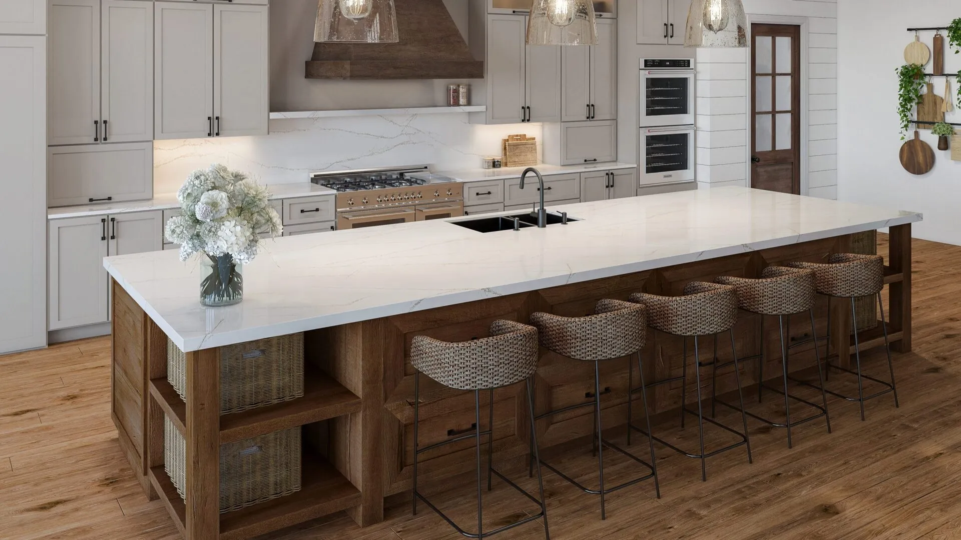 Image of installed PentalQuartz Tempo Valore Cream Quartz countertops