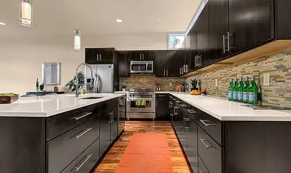 Image of installed PentalQuartz Thassos White Quartz countertops