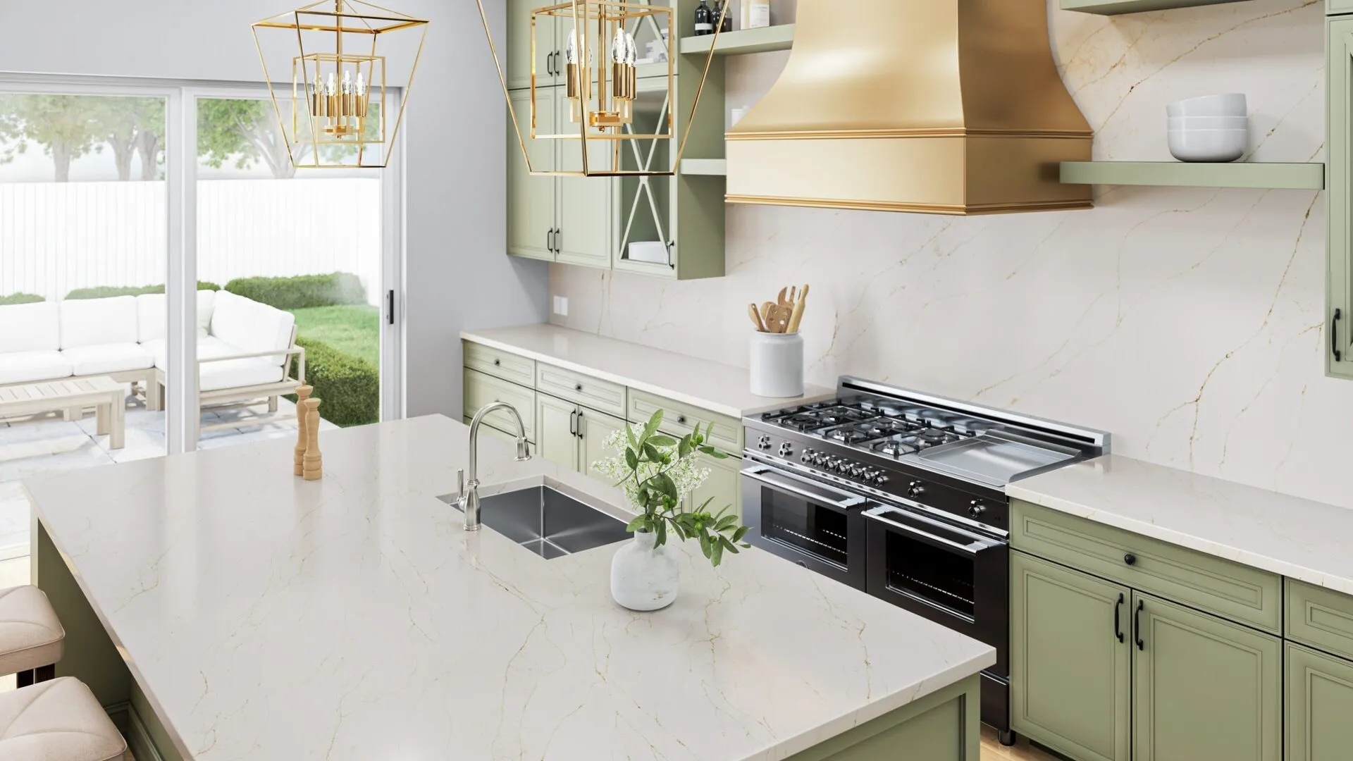 Image of installed PentalQuartz Tramonto Cream Quartz countertops