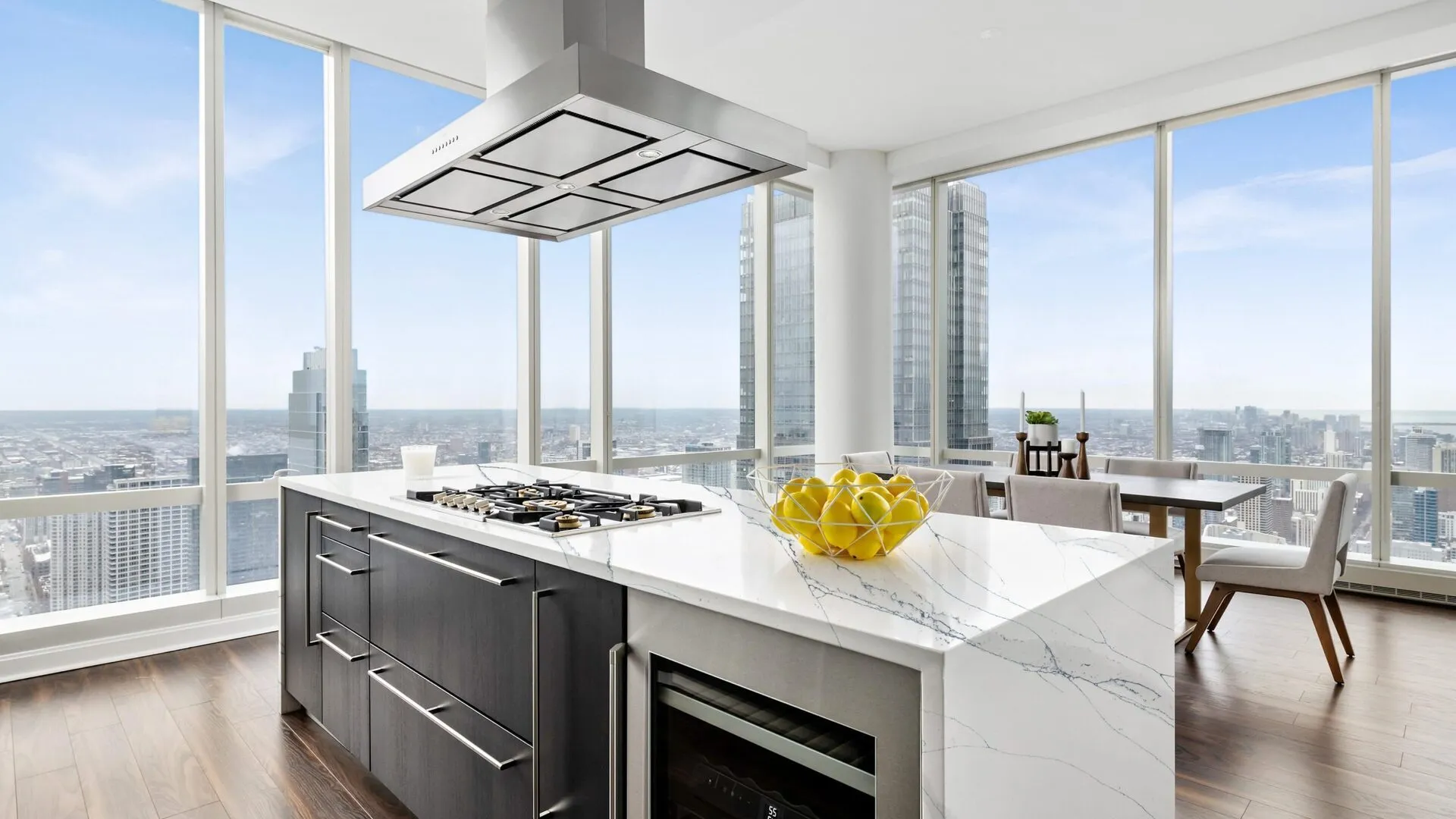 Image of installed PentalQuartz Unique Calacatta Blue White Quartz countertops