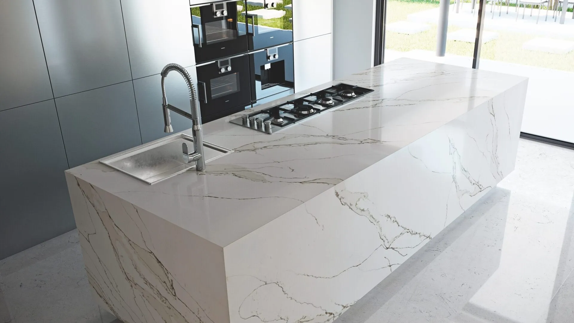 Image of installed PentalQuartz Unique Calacatta Gold White Quartz countertops