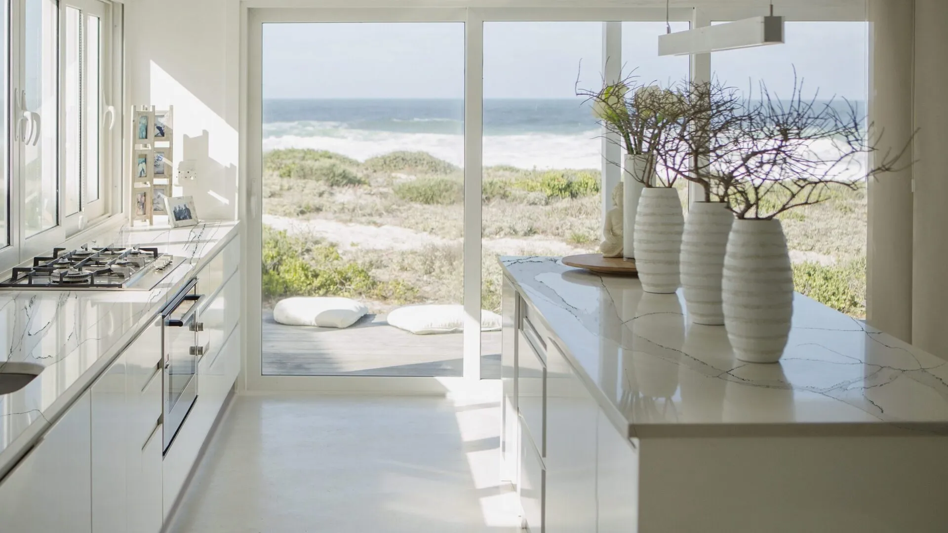 Image of installed PentalQuartz Unique Calacatta Green White Quartz countertops
