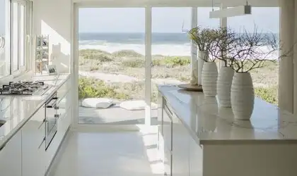 Image of installed PentalQuartz Unique Calacatta Green White Quartz countertops