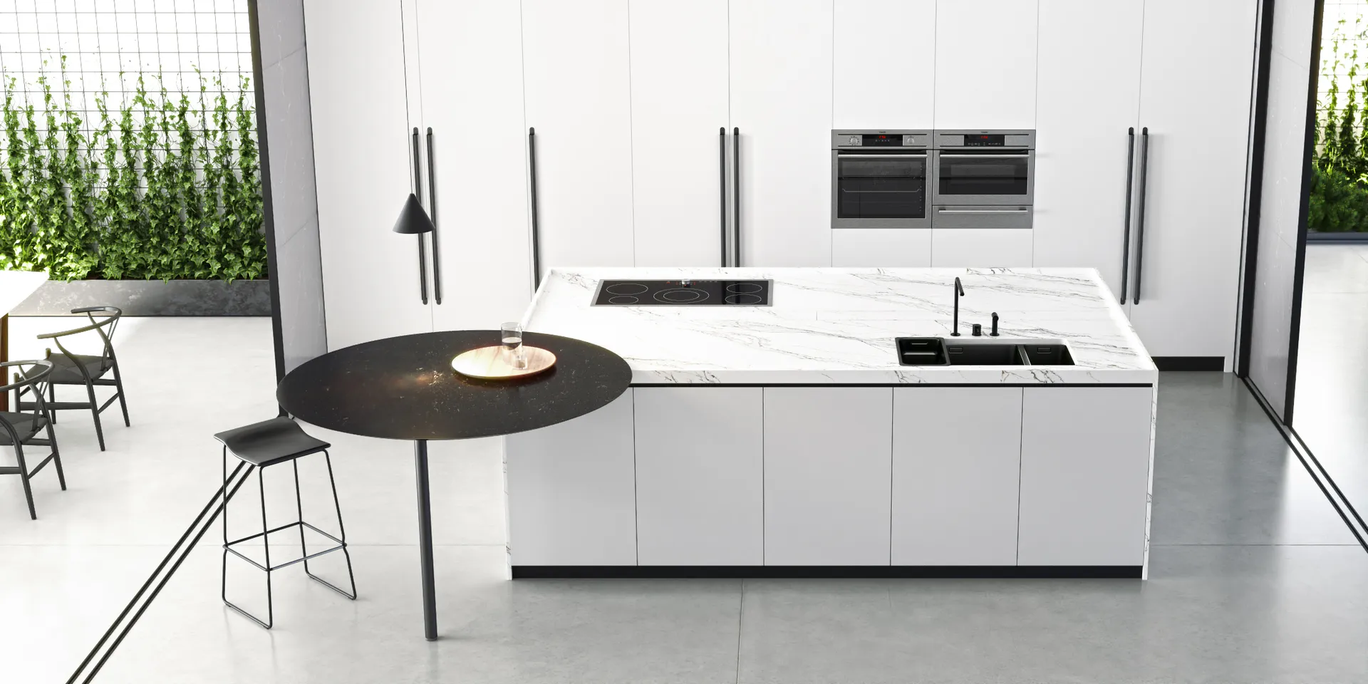 Image of installed PentalQuartz Unique Calacatta Macchia Vecchia White Quartz countertops