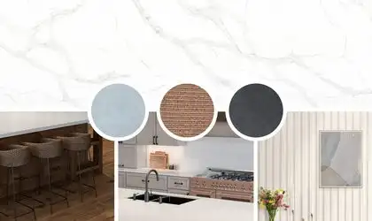 Image of installed PentalQuartz Valla Gold White Quartz countertops