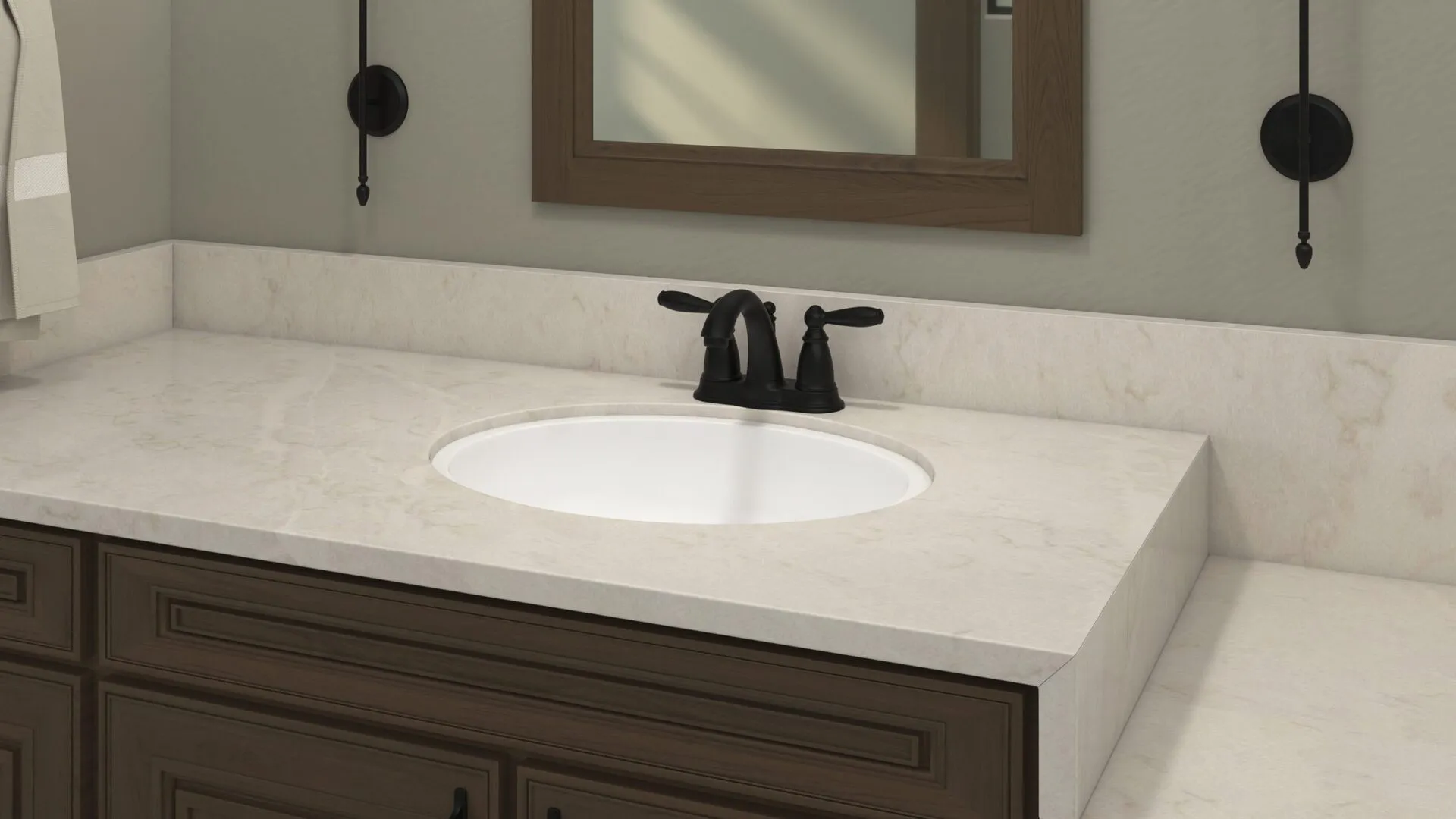 Image of installed PentalQuartz Venus Cream Quartz countertops
