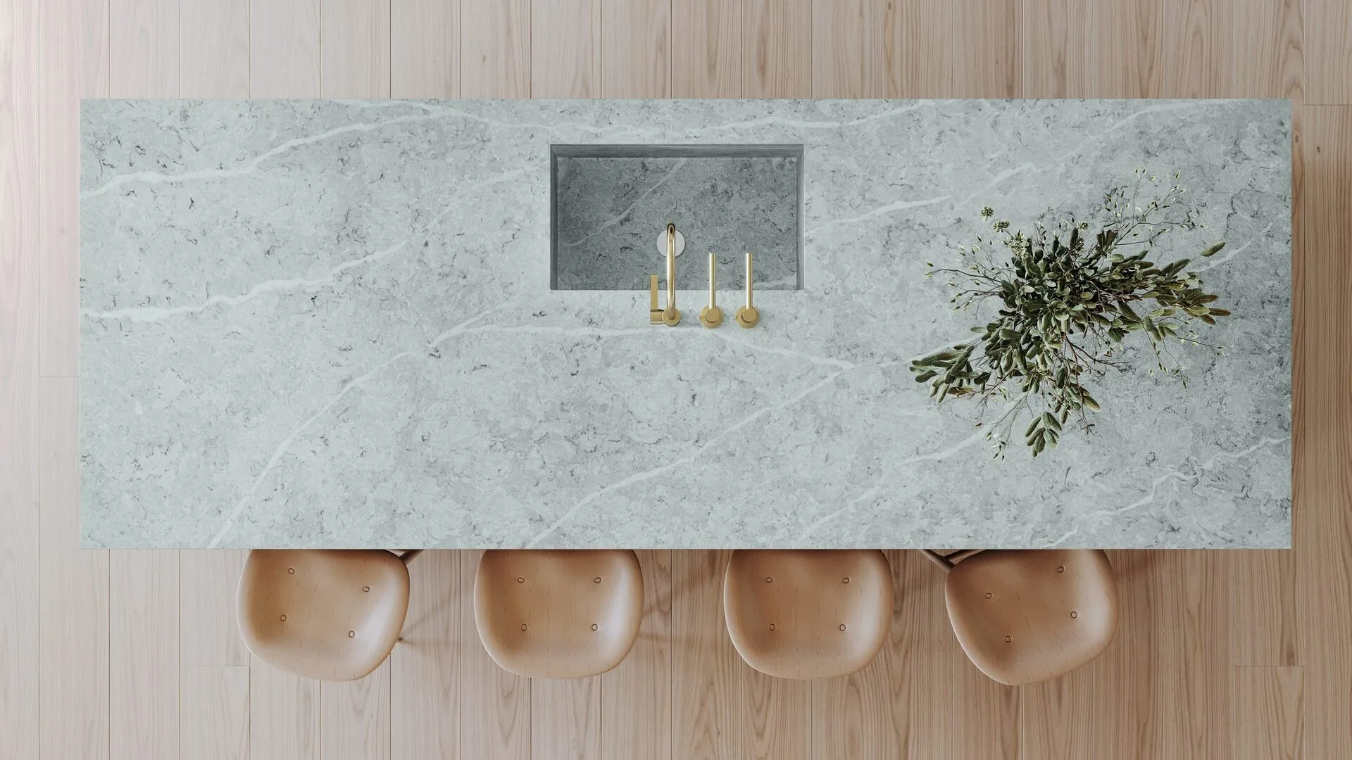 Image of installed PentalQuartz Vezzano Grey Quartz countertops
