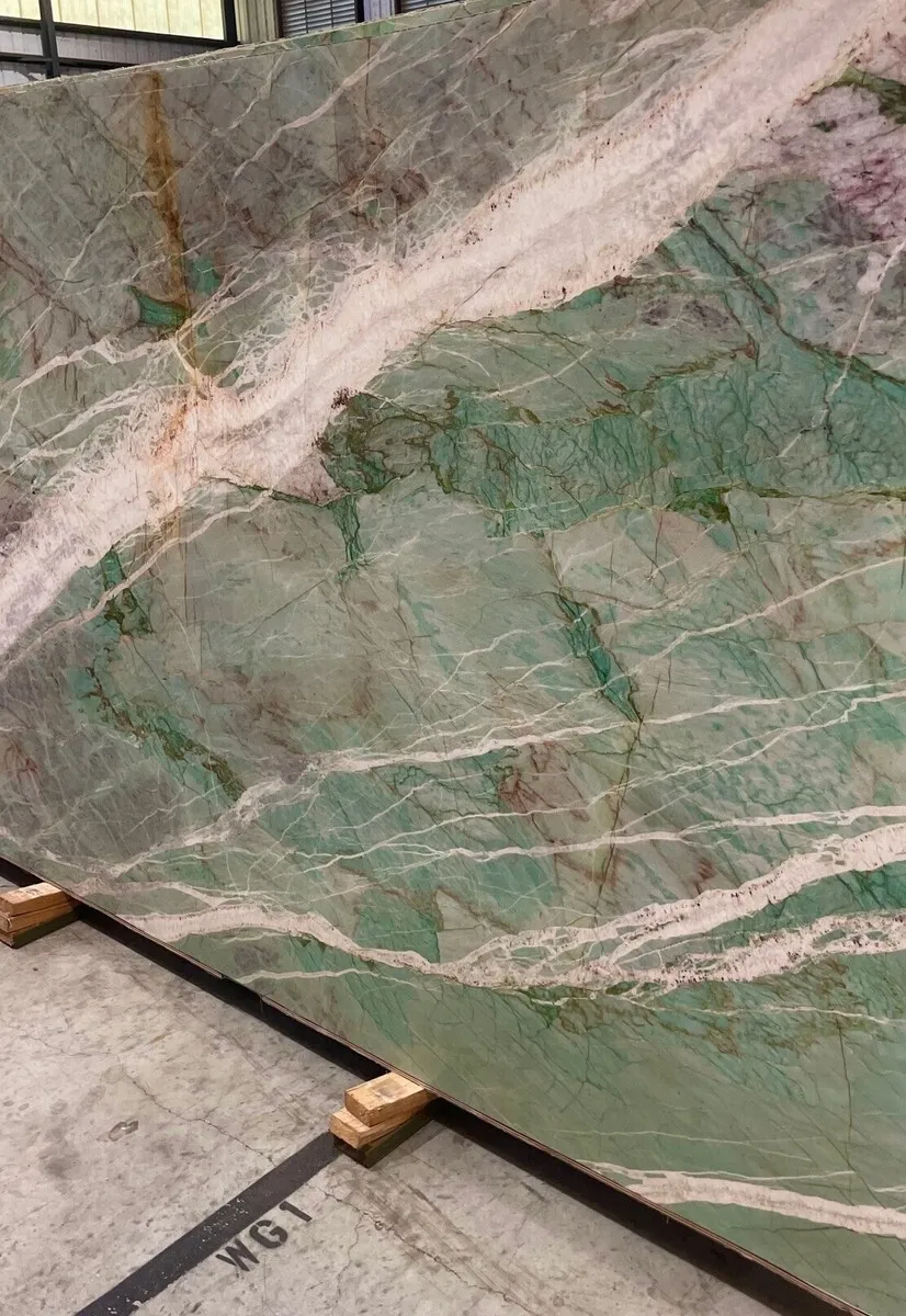 Closeup image of Amazonite Cristallo Green Granite countertop slab